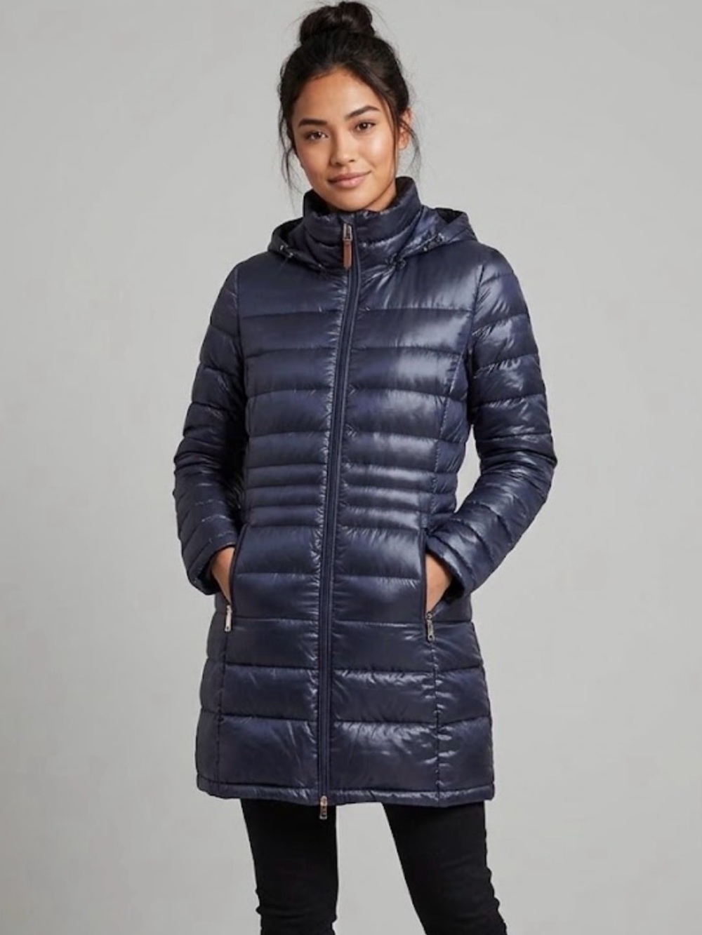 Andrew Marc Quilted Navy Hooded Long Puffer Jacket